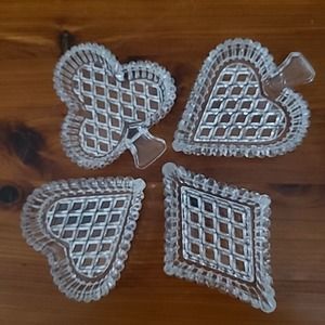 Vintage Set of 4 Cut Art Glass Card Suit Dishes Ashtrays Small 4.5" T